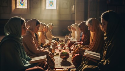 Women in Traditional Headscarves Reading Religious Texts During Prayer in Church