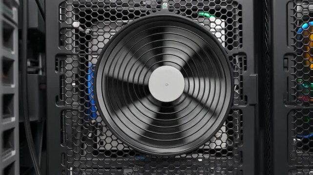 Close-up view of a black computer cooling fan spinning inside a PC case.