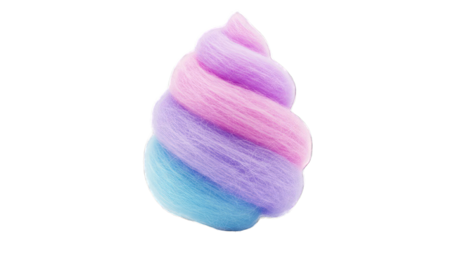 Swirl of fluffy candy floss in pastel blue pink and purple colors with a sparkling texture isolated on a transparent background