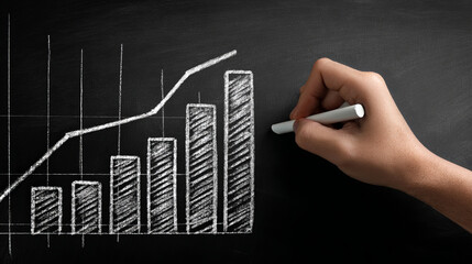 Hand drawing a rising bar graph on a blackboard with chalk.