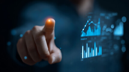 Businessman interacting with digital financial data interface.