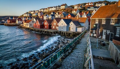 Colorful Coastal Village with Wooden Houses Over Water in Norway