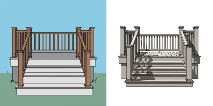Vector Illustration of Outdoor Deck Stairs with Brown Railings and Blue Sky