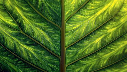 A detailed, backlit view of a green leaf reveals its intricate vein structure and textured surface, highlighting natural patterns.