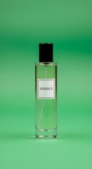 A sleek, transparent glass perfume bottle with a black cap and a minimalist label set against a vibrant green background, emphasizing elegance and simplicity