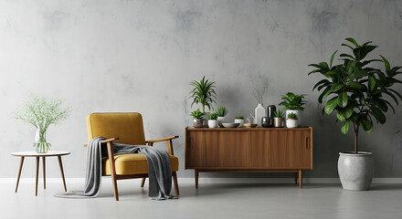 Stylish living room interior with yellow armchair, wooden cabinet and plants against wall