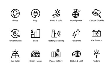 Eco Renewable Energy Icons Collection. Sustainable Environmental, Renewable Power, Green Solutions and Solar Energy Resources and Clean Power Symbols.