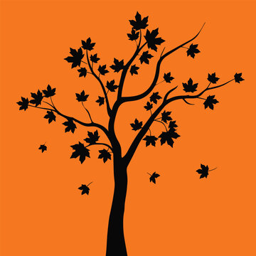 tree silhouette with falling maple leaves orange background vector design