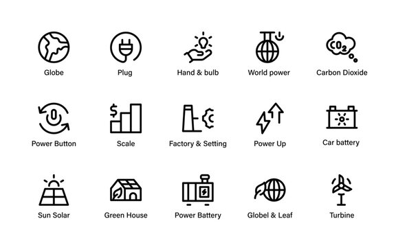 Eco Renewable Energy Icons Collection. Sustainable Environmental, Renewable Power, Green Solutions and Solar Energy Resources and Clean Power Symbols.