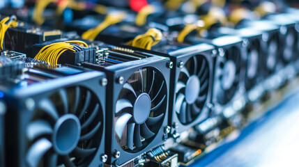 High-tech crypto mining computer setup with rows of GPUs glowing in cool LED light. Cables, rigs, and circuitry create a futuristic atmosphere, symbolizing blockchain, data power, and digital currency