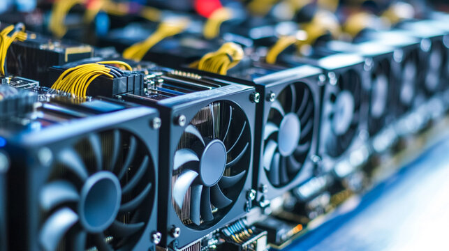 High-tech crypto mining computer setup with rows of GPUs glowing in cool LED light. Cables, rigs, and circuitry create a futuristic atmosphere, symbolizing blockchain, data power, and digital currency