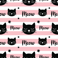 cat repeating pattern black cat face heart nose pink stripe meow design