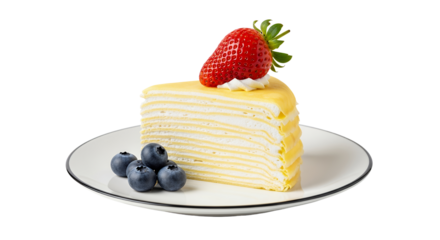 A sweet slice durian cake with strawberry and blueberry, white background isolated