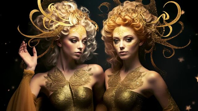 Zodiac sign of Gemini as twins women at luxury party with fantasy gold decoration, astrology and horoscope concept