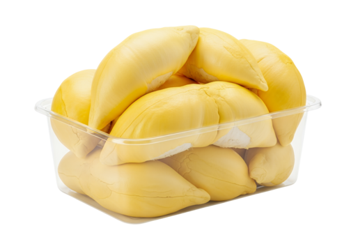 A sweet durian in a rectangle plastic box, white background isolated