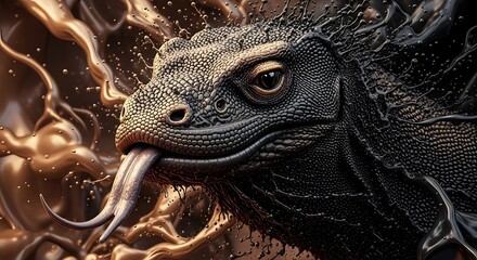 Dark Dragon: Komodo Lizard Portrait in Glossy Black and Gold Liquid Art
