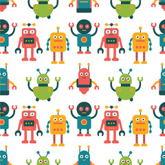 Obraz premium robot repeating vector pattern of colorful cartoon robots and aliens
