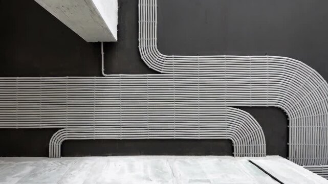 Electrical cables on concrete ceiling, modern wiring view during renovation or reconstruction of room, pvc and work concept