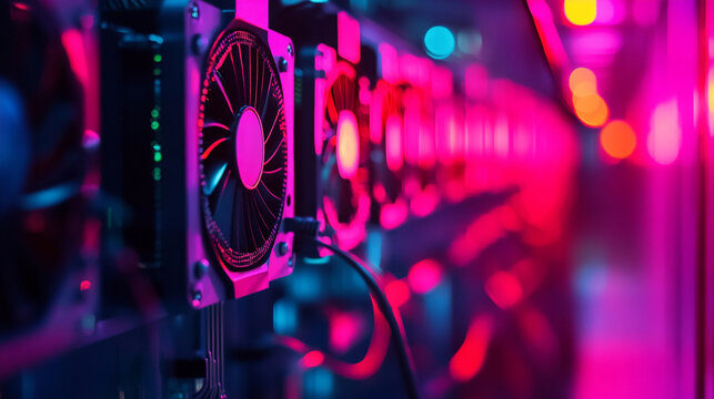 High-tech crypto mining computer setup with rows of GPUs glowing in cool LED light. Cables, rigs, and circuitry create a futuristic atmosphere, symbolizing blockchain, data power, and digital currency
