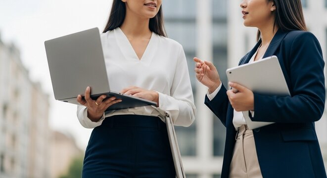 Career Woman Opening Laptop While Talking with Colleague in a Modern Clean Office Environment, High Key Professional Scene Without Visible Logos