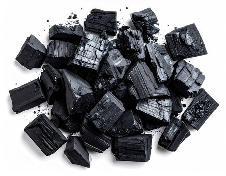 Pile of shiny, dark black, textured rectangular rock chunks