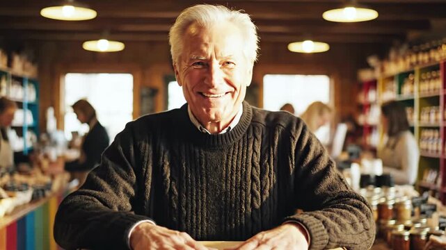 Elderly man smiles over a cardboard box in a shop, various items on shelves in background