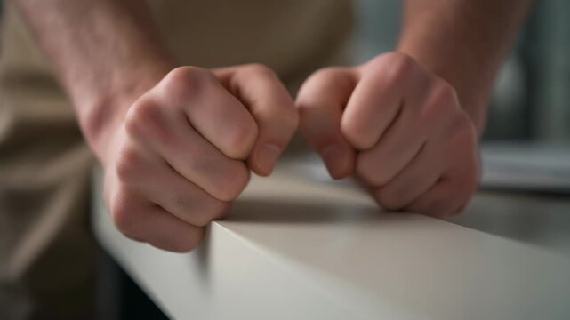 Close-up of two clenched fists resting on a light surface, conveying tension or anger.