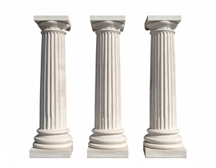 Three fluted Doric columns stand isolated on white