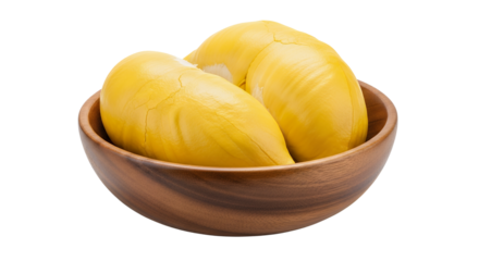 A durian fruits in a wodden bowl, white background isolated
