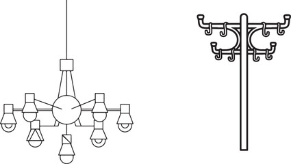 Geometric Line Art Illustrations: Modern Chandelier and Coat Rack Designs
