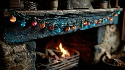 Naklejka premium Decorated fireplace with burning logs and festive lights in a rustic setting.