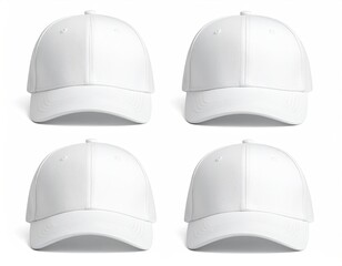 Four white, blank baseball caps arranged on a white surface