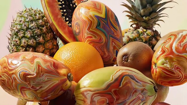 Colorful, stylized array of various tropical fruits in a vibrant composition