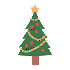 Cute vector illustration of a decorated Christmas tree with colorful ornaments and a star on top. Simple festive holiday design, perfect for greeting cards, stickers, promo and seasonal decorations