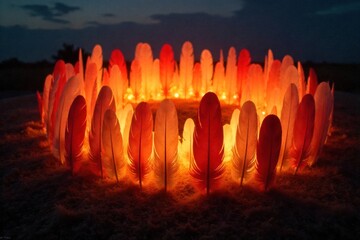 Ethereal Feather Drift An abstract, ethereal composition of numerous large, iridescent angel feathers gently drifting downwards against a deep twilight sky. Subtle golden light particles shimmer and