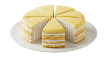 Delicious sweet dessert cake slice with durian flavour, white background isolated