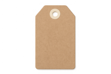 Blank brown kraft paper tag or label with string hole presenting empty space for text on transparent background