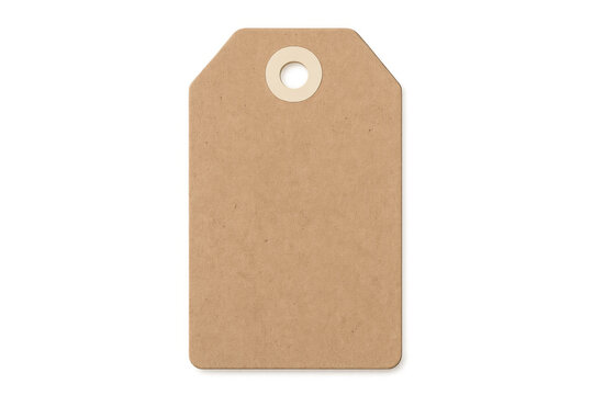 Blank brown kraft paper tag or label with string hole presenting empty space for text on transparent background