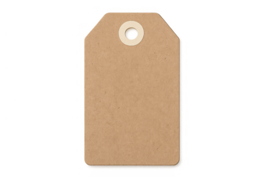 Blank brown kraft paper tag or label with string hole presenting empty space for text on transparent background - Powered by Adobe