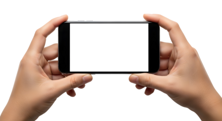Pair of hands holding a modern black smartphone horizontally, showcasing a blank white screen, perfect for displaying app interfaces, websites, or custom digital content on a mobile device