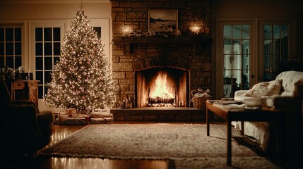 Christmas tree and fireplace in cozy living room with warm lighting.