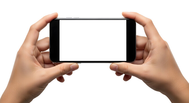 Pair of hands holding a modern black smartphone horizontally, showcasing a blank white screen, perfect for displaying app interfaces, websites, or custom digital content on a mobile device