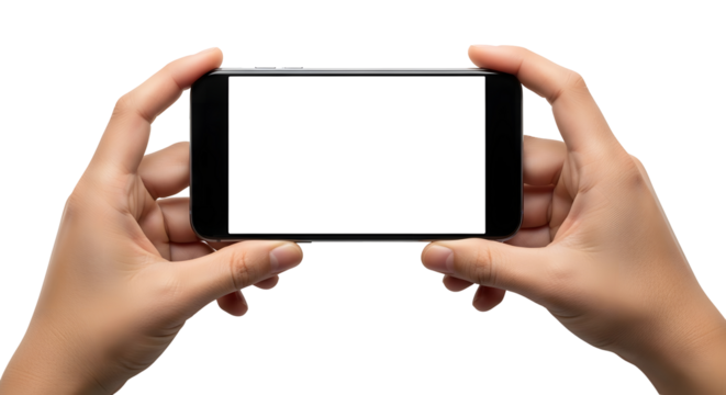 Pair of hands holding a modern black smartphone horizontally, showcasing a blank white screen, perfect for displaying app interfaces, websites, or custom digital content on a mobile device