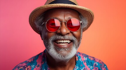 Vibrant close-up portrait of a joyful senior man wearing red sunglasses and a straw hat against a bright gradient background, capturing his cheerful expression and colorful tropical summer style