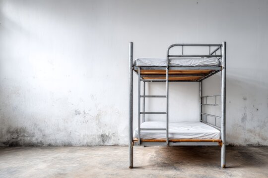Metal frame stacked sleeping unit rests against a weathered interior wall surface