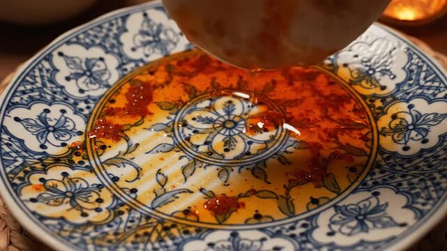 Tandoori chicken on traditional indian plate with blue floral pattern