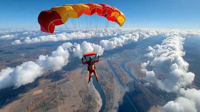  Soaring Above: A skydiver in freefall, framed by the vivid hues of their parachute, against a backdrop of clouds and a stunning landscape.