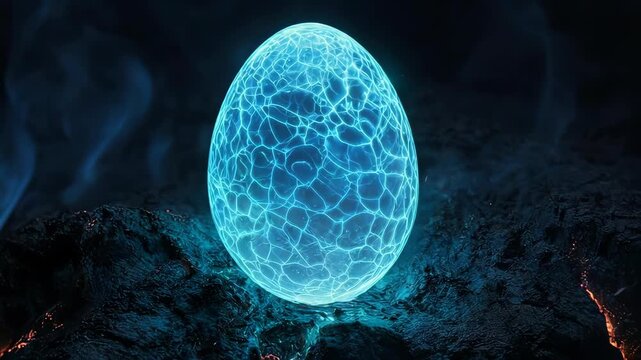 Glowing blue egg, emitting light, set on dark terrain, surrounded by flowing smoke