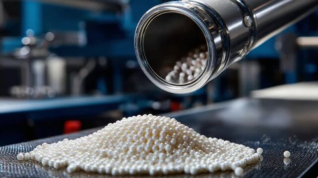 Precision Granulation Process: Industrial machinery meticulously deposits a cascade of small, uniform granules onto a conveyor belt.