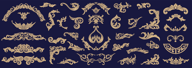 Vector set of Classical baroque vintage elements Decorative design. Gold Vintage flourish Decorations Elements. Baroque, arabesque, Damask, victorian, floral leaf pattern, Filigree elegant ornamental.